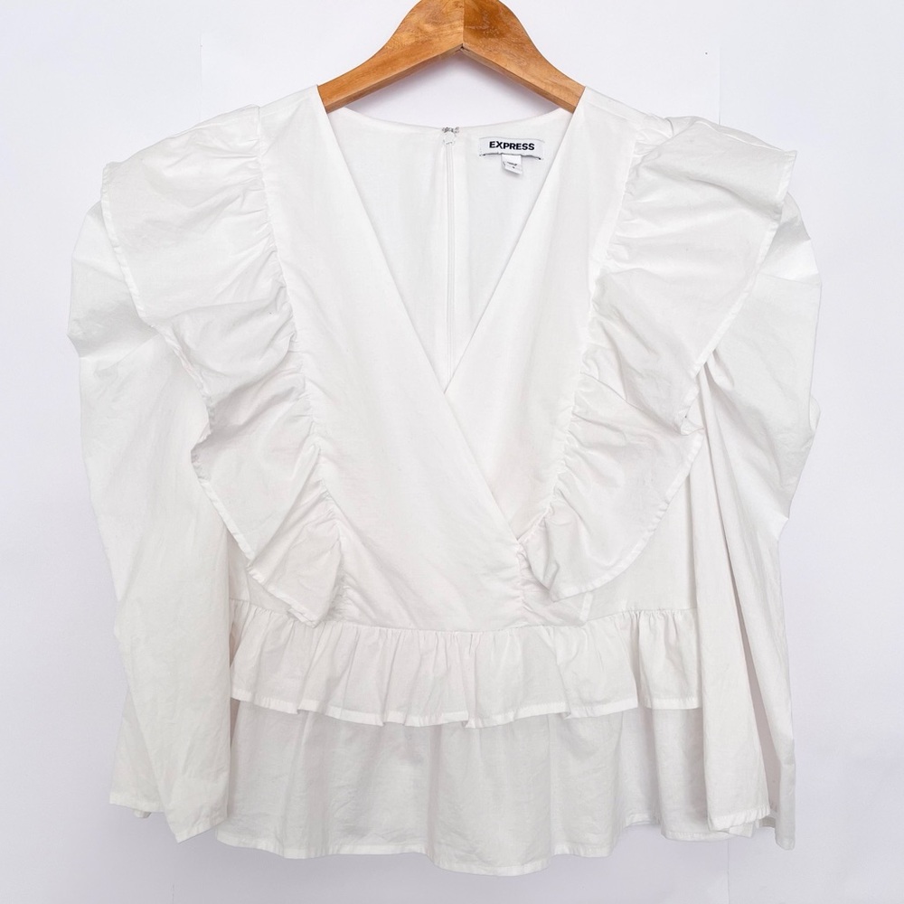 Express Ruffle Blouse Surplice Neckline 100% Cotton Feminine Size Small White